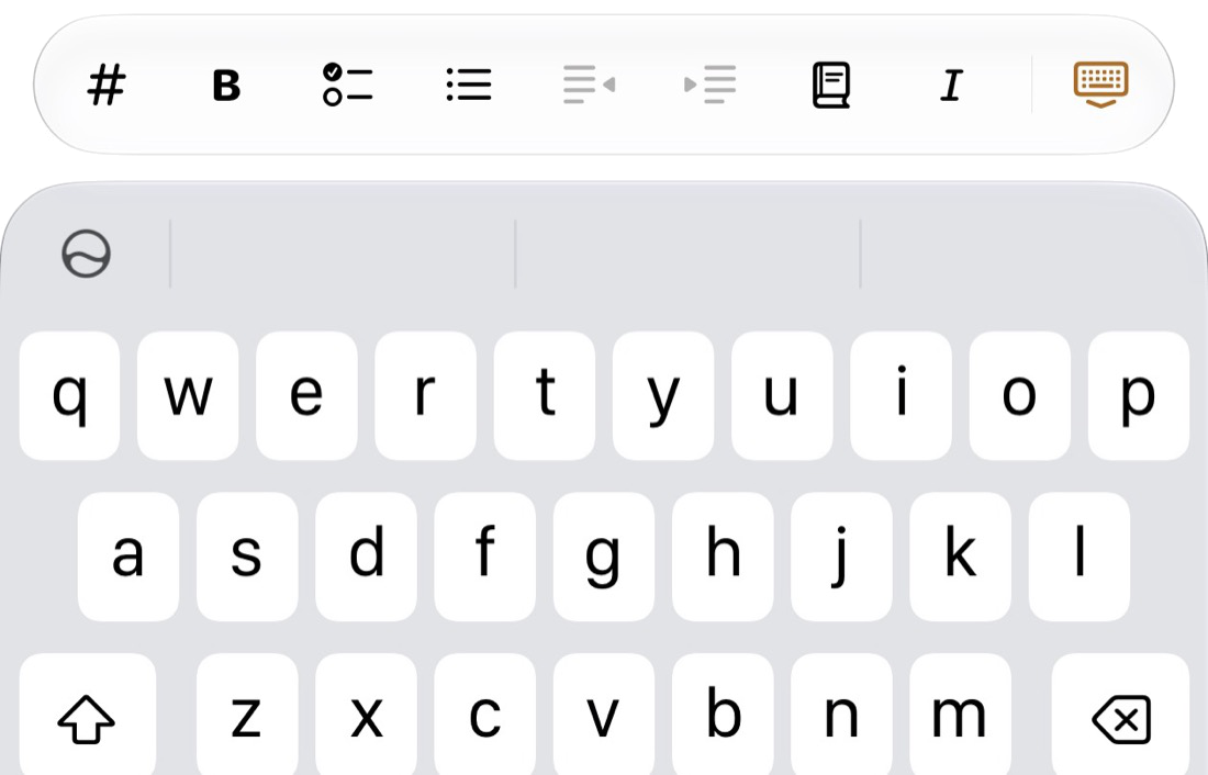 Skriva's toolbar, above the iPhone keyboard.